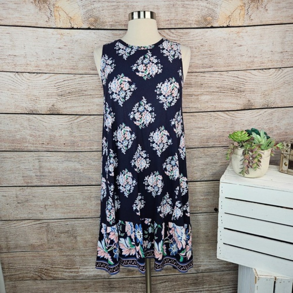 Navy Floral Sleeveless A-Line Dress